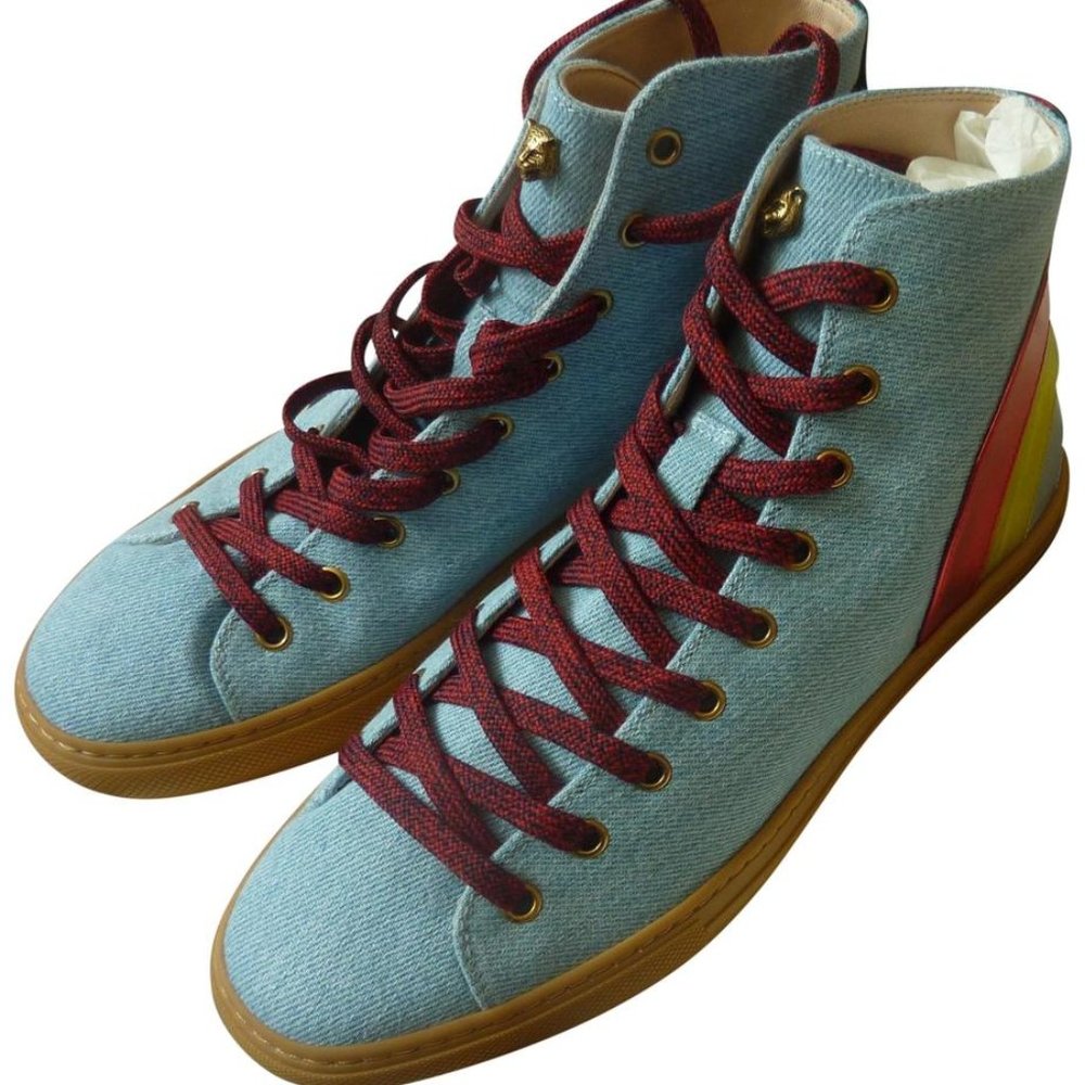 [[GUCCI]] Denim Sky Blue Rainbow High-Top Sneakers